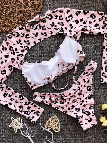 Leopard Long Sleeves Three Pieces Bikinis Swimwear