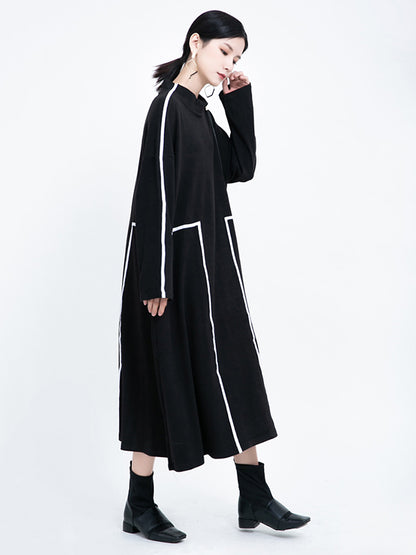Casual Contrast Color Split-Joint Stand Collar Long Sleeves Midi Dress