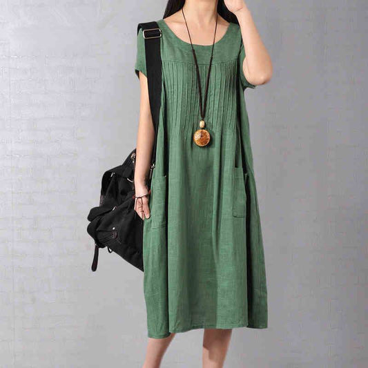Women Cotton Linen Loose Fitting Dress in Green-Size M,L,XL,2XL
