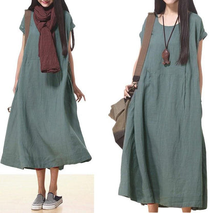 Custom made Women Cotton Linen Loose Fitting Short Sleeve Summer Maxi Dress