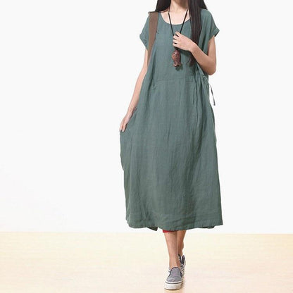 Custom made Women Cotton Linen Loose Fitting Short Sleeve Summer Maxi Dress