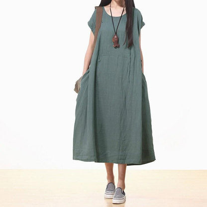 Custom made Women Cotton Linen Loose Fitting Short Sleeve Summer Maxi Dress