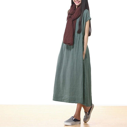 Custom made Women Cotton Linen Loose Fitting Short Sleeve Summer Maxi Dress