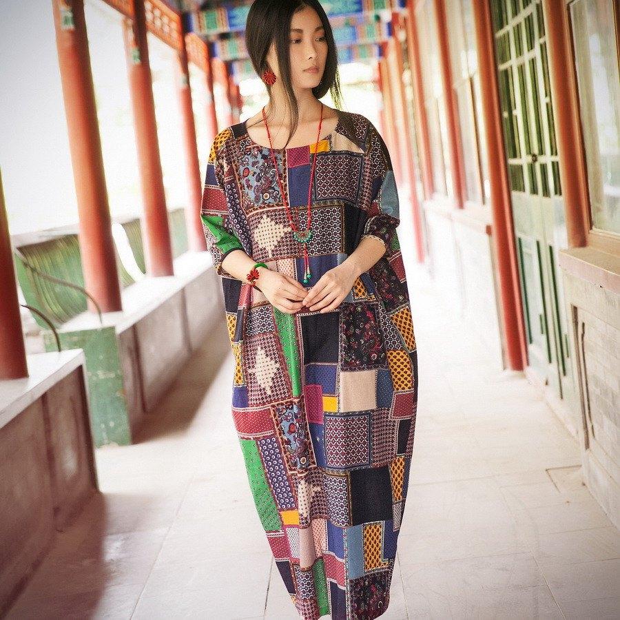 Women cotton linen summer dress 3/4 sleeve