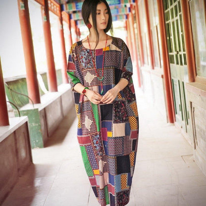 Women cotton linen summer dress 3/4 sleeve