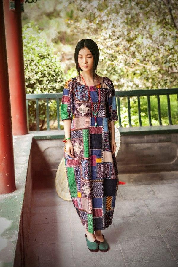 Women cotton linen summer dress 3/4 sleeve