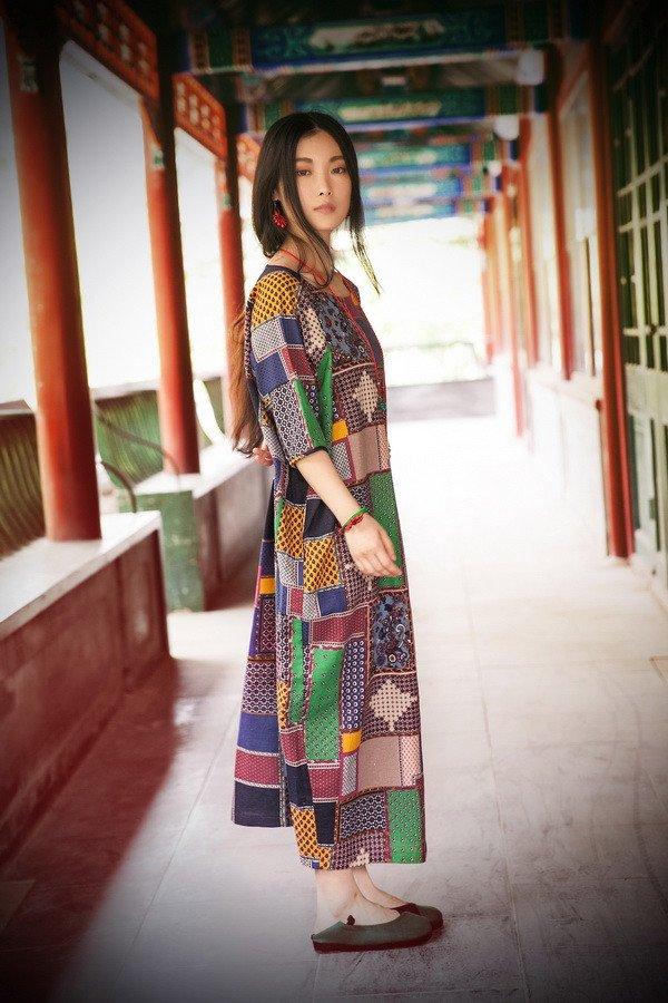 Women cotton linen summer dress 3/4 sleeve