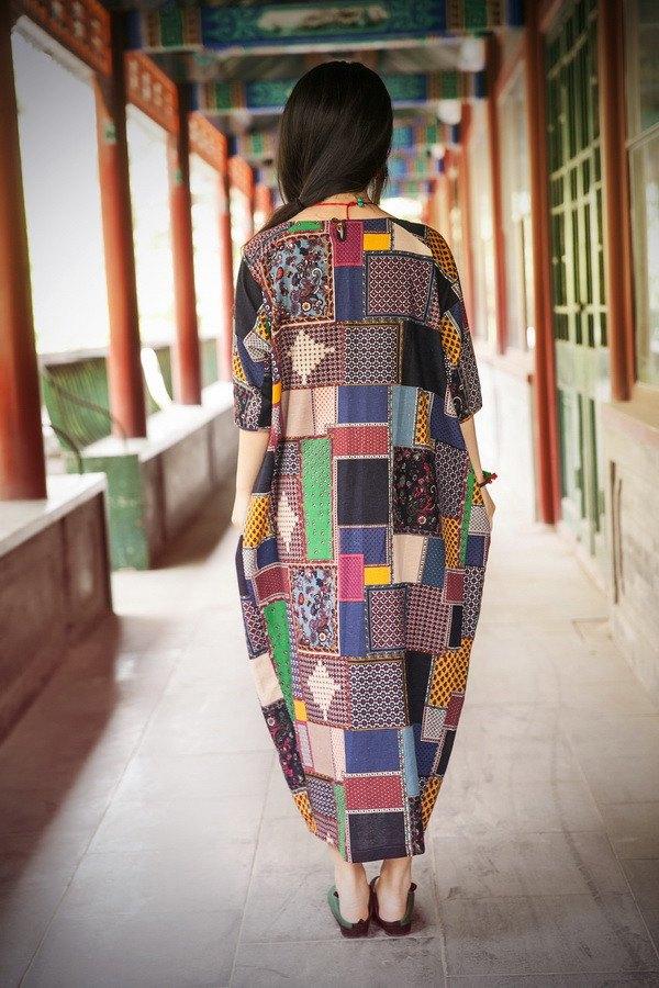 Women cotton linen summer dress 3/4 sleeve