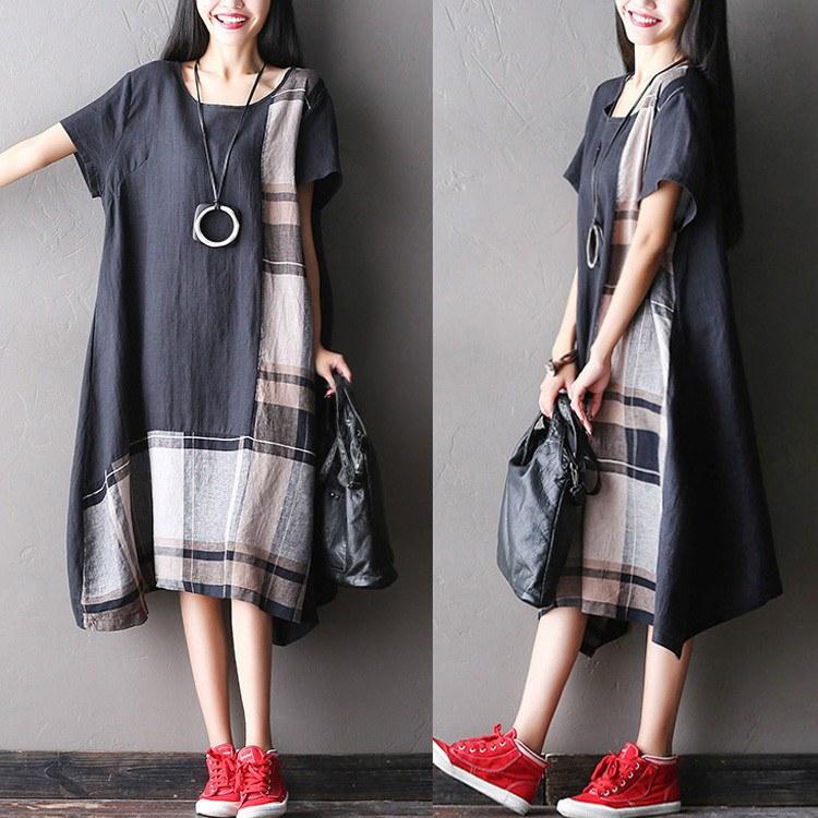 Women summer short sleeve loose cotton linen dress