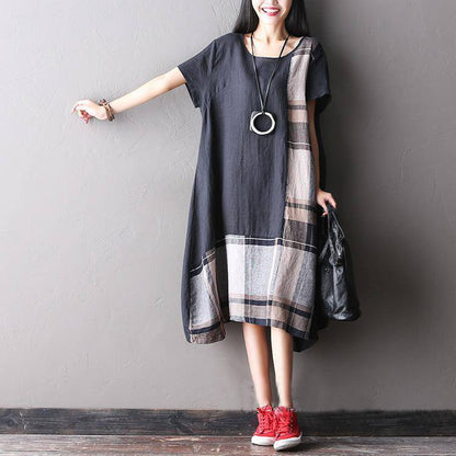 Women summer short sleeve loose cotton linen dress