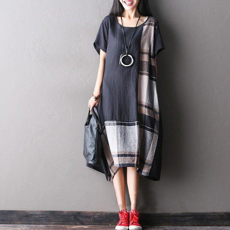 Women summer short sleeve loose cotton linen dress