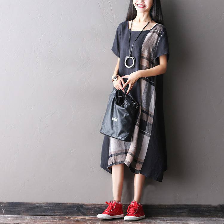 Women summer short sleeve loose cotton linen dress