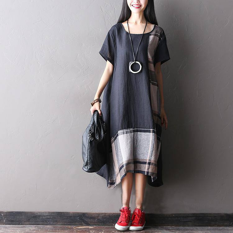 Women summer short sleeve loose cotton linen dress