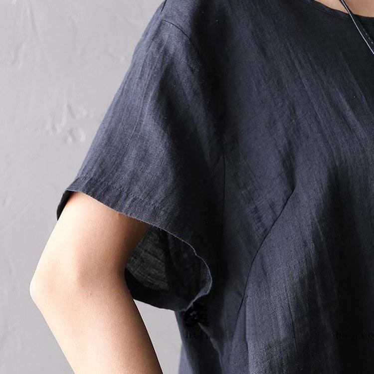 Women summer short sleeve loose cotton linen dress