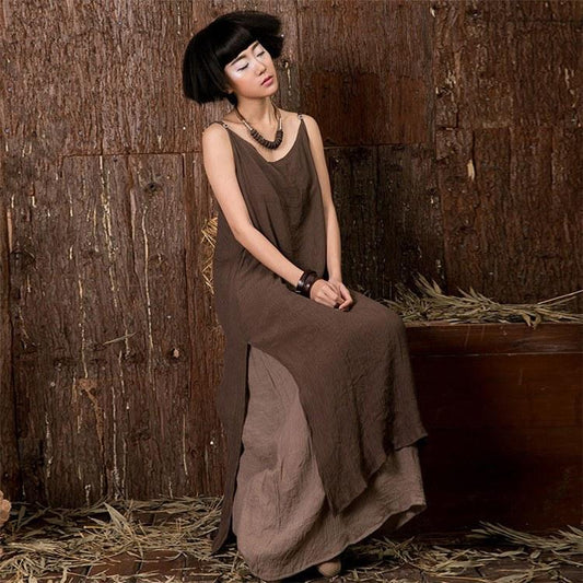 Women vintage cotton double Suspenders dress