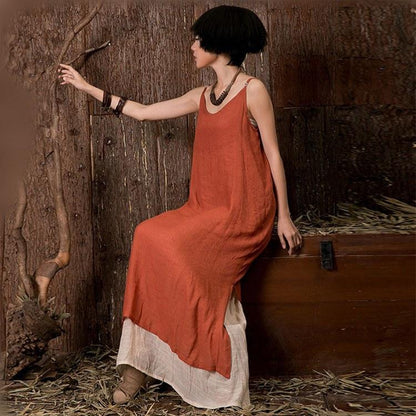 Women vintage cotton double Suspenders dress