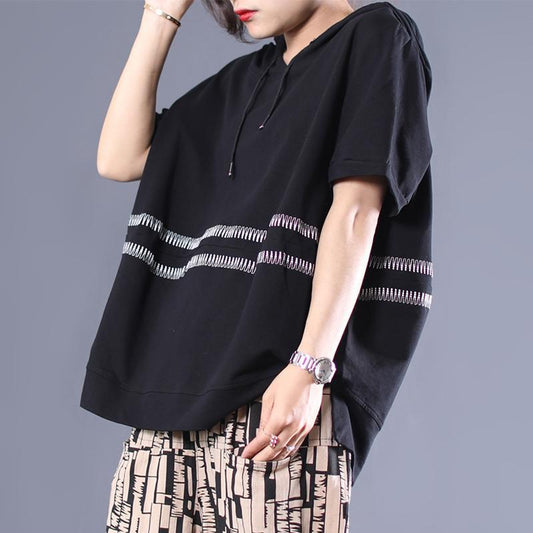 Casual Loose Embroidery Striped Hooded Blouse