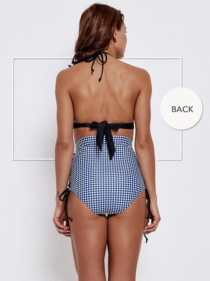 Blue Plaid Halter-neck Bikinis Swimwear