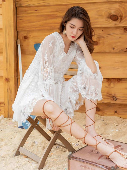 High Waist Loose Vacation Lace Mini Dress