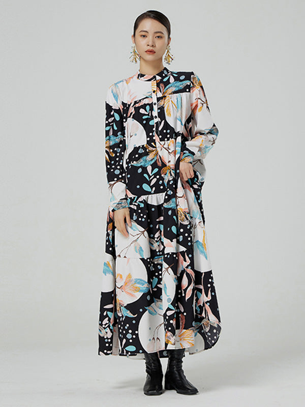 Stylish Buttoned Printed Loose Long Sleeves Midi Dress