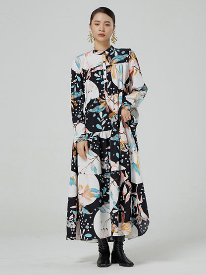Stylish Buttoned Printed Loose Long Sleeves Midi Dress