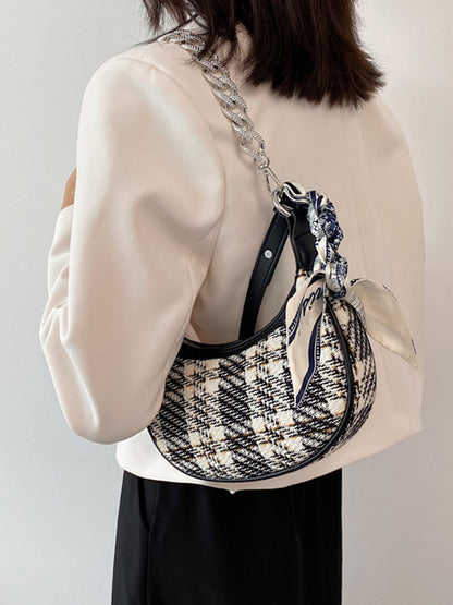 Original Chic Plaid With Chain&Scarf Zipper Canvas Shoulder Bag