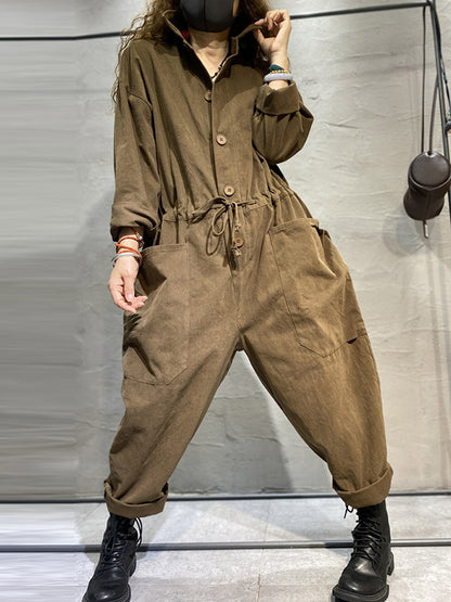 Fashion Long Sleeves Lapel Solid Color Jumpsuits