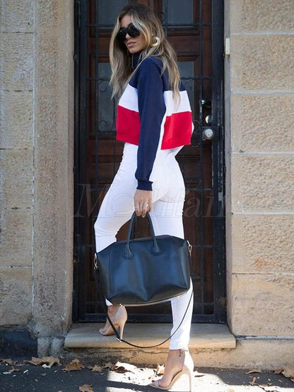 Split-joint Striped Zipper Bare Midriff Sports Sweatshirt