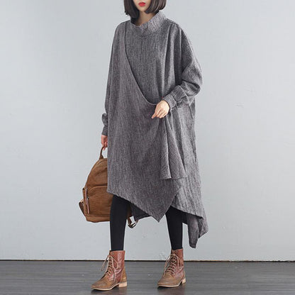 Buykud Pure Color Turtleneck Irregular Casual Dress