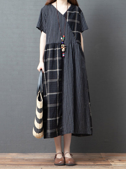 Artistic Retro Loose Split-Joint Striped Plaid V-Neck Short Sleeves Midi Dress