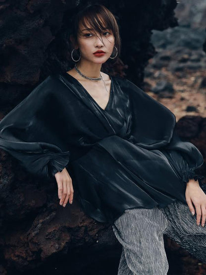 V-neck Chiffon Puff Sleeves Loose Shirt Top