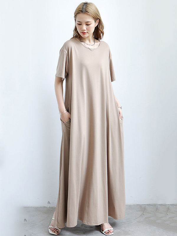 Simple Solid Color Oversized A-Line Round-Neck Short Sleeves Maxi Dress