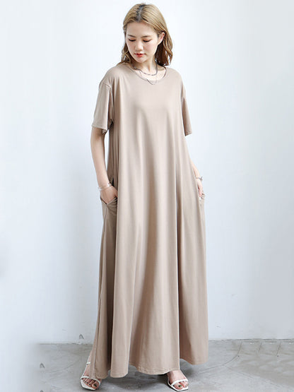 Simple Solid Color Oversized A-Line Round-Neck Short Sleeves Maxi Dress