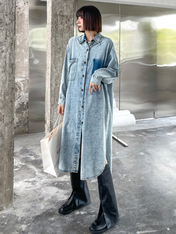 Simple Cool Raw Denim Split-Side Split-Joint With Pocket Buttoned Lapel Collar Long Sleeves Midi Shirt Dress