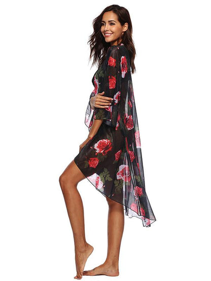 Chiffon Flared Sleeves Printed Cover-Ups