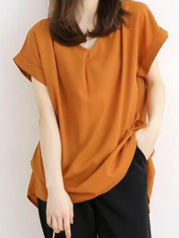 Simple Solid Color Pleated Round-Neck Short Sleeves T-Shirt