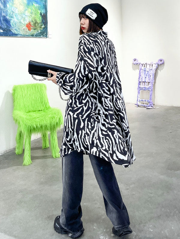 Stylish Printed Buttoned Batwing Sleeve Lapel Blouse Tops