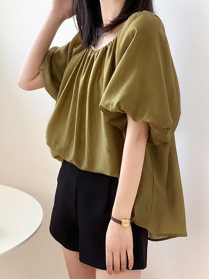 Urban Loose Solid Color Puff Sleeves Off-The-Shoulder T-Shirt
