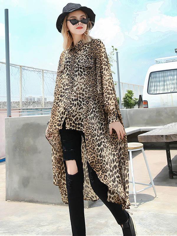 Leopard Chiffon Loose High-low Light Shirt Top