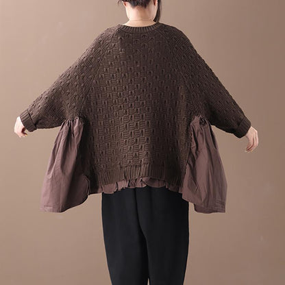 Buykud Loose Batwing Sleeve Pleated Spliced Sweater