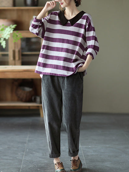 Casual Striped Contrast Color Long Sleeves Doll Collar Loose T-Shirt Tops