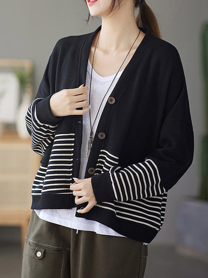 Casual Striped Buttoned V-Neck Batwing Sleeve Outerwear