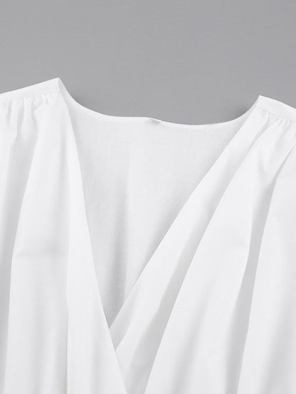 Simple Solid Color Pleated V-Neck Bishop Sleeves  Mini Dress