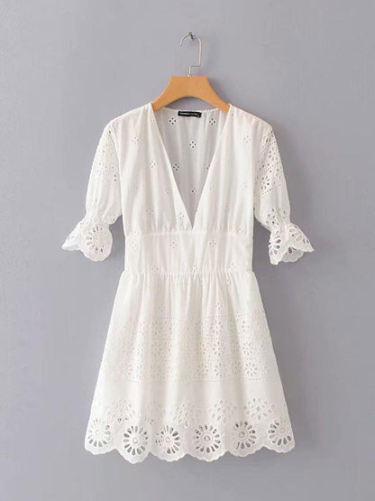 V-neck Hollow Embroidered Mini Dress