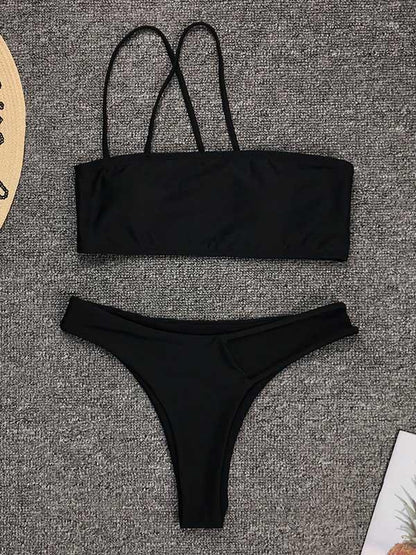Bandeau Plain Black Irregular Bottom Bikini Swimsuit