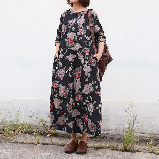 Retro Beautiful Flower Print Casual Loose Dress