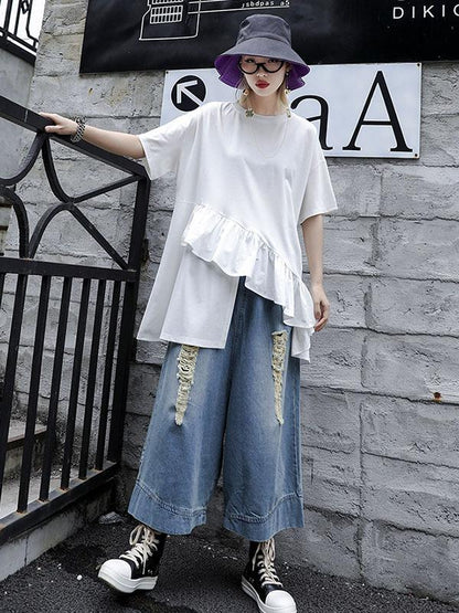 Loose Split-side Falbala T-shirt