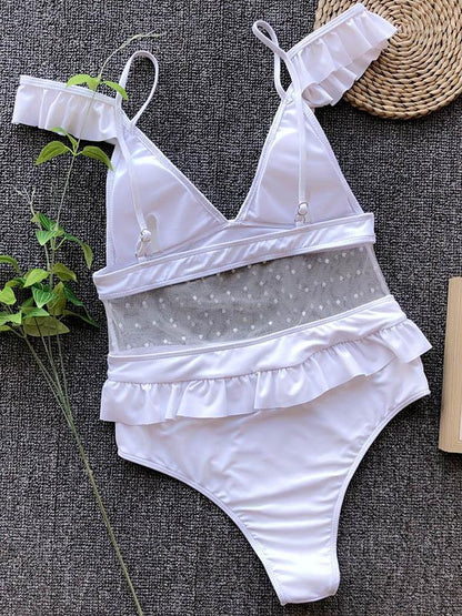 V-neck Falbala Gauze One-piece Swimwear