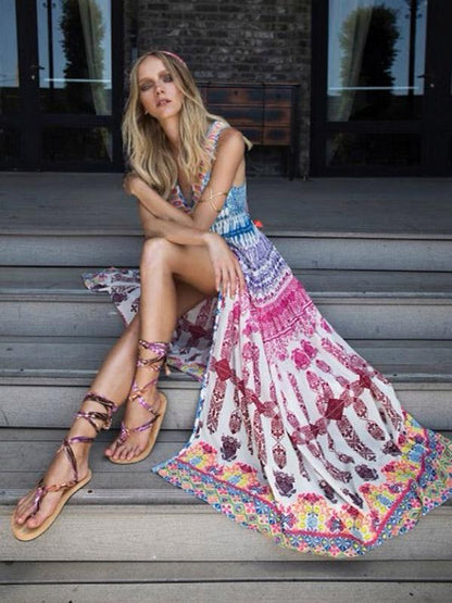 Floral Deep V-neck Split-side Maxi Dress