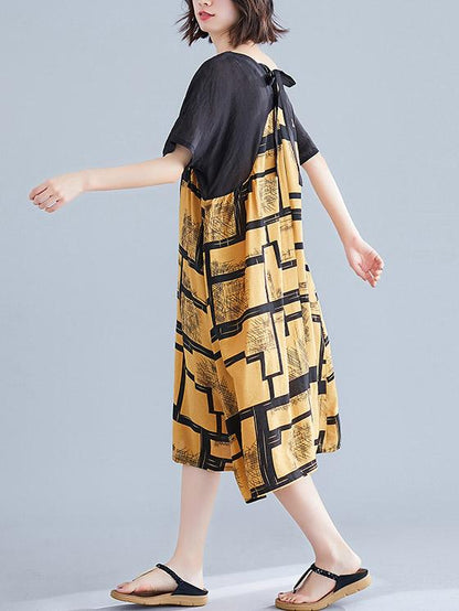 Cotton Linen Printed  V-neck Dress